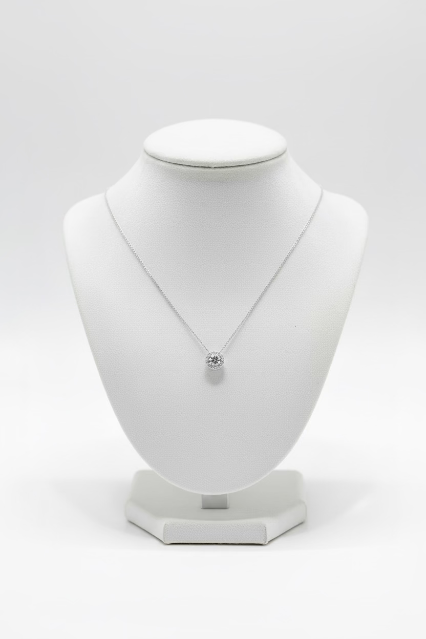 Round Halo 1 Carat White Gold Necklace