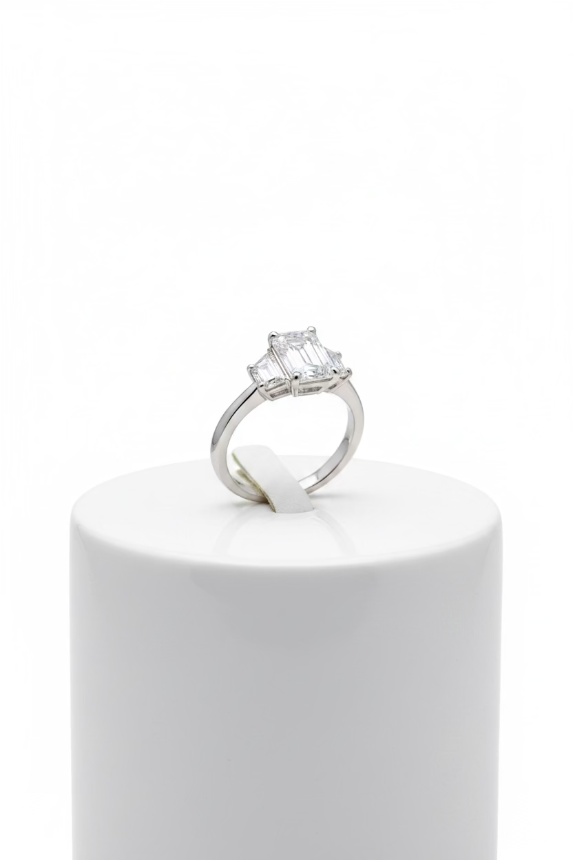 Emerald Three Stone White Gold Engagement Ring