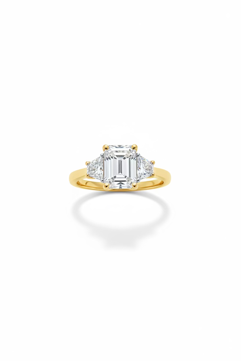 Emerald Three Stone Yellow Gold Engagement Ring